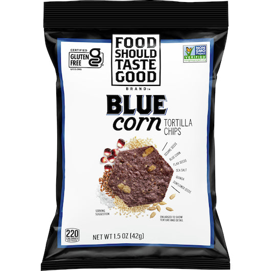 Food Should Taste Good Blue Corn Hexagon Tortilla Chips, 1.5 Ounce Size - 24 Per Case.