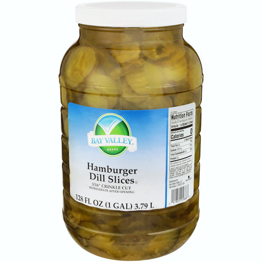 Bay Valley 396-450 Count 3/16 Crinkle Cut Sliced Hamburger Dill Pickle, 1 Gallon - 4 Per Case.