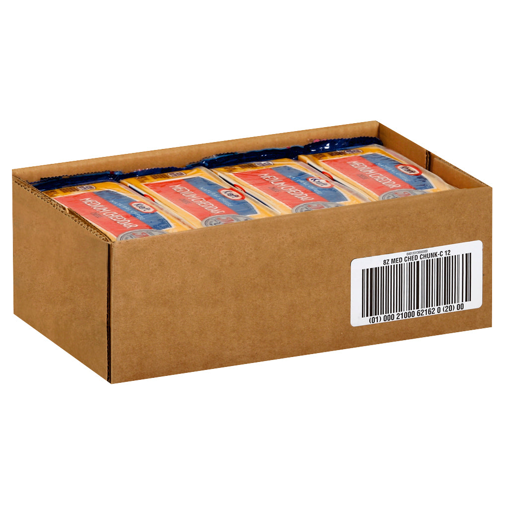Kraft Medium Cheddar Chunk Cheese, 8 Ounce Size - 12 Per Case.