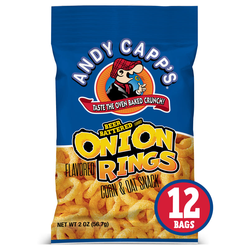 Andy Capp's Beer Battered Onion Rings Baked Oat And Corn Snacks 2 Ounce Size - 12 Per Case.