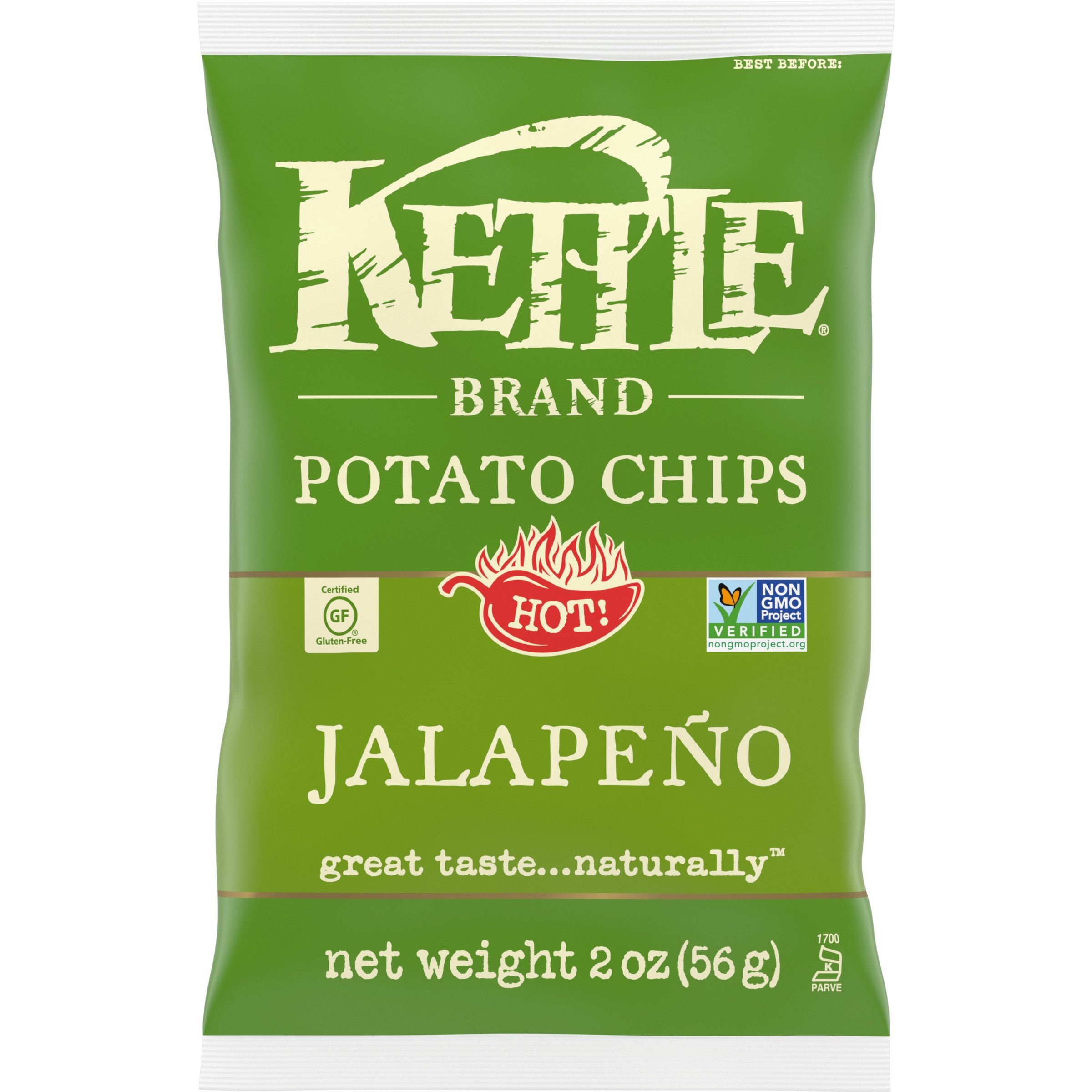 Kettle Brand Potato Chips Jalapeno Kettle Chips Snack Bag 2 Ounce Size - 6 Per Case.