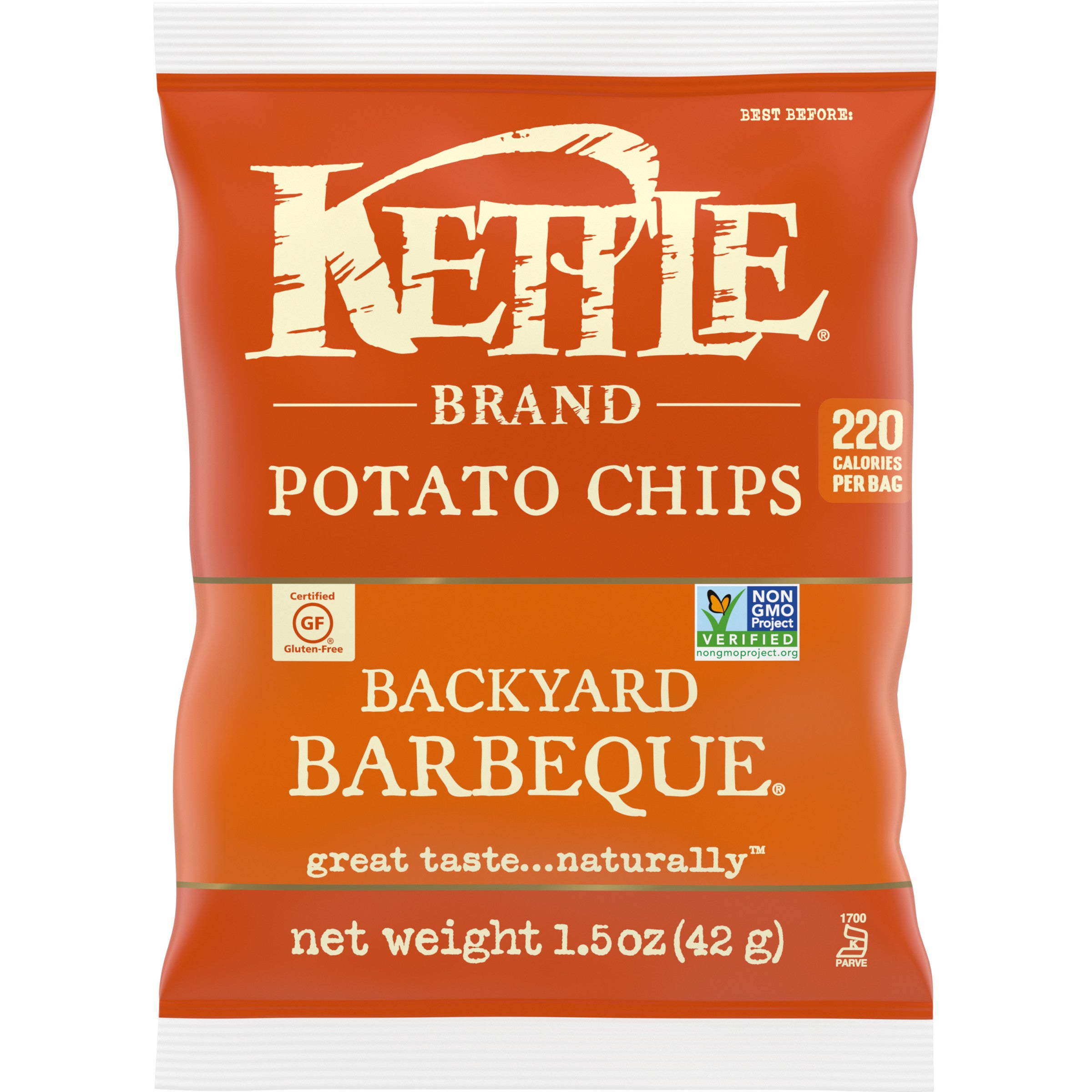 Kettle Brand Potato Chips Backyard Barbequekettle Chips Snack Bag 1.5 Ounce Size - 24 Per Case.