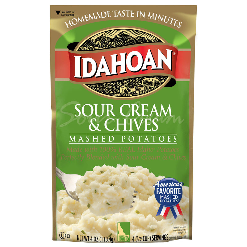 Idahoan Sour Cream & Chives Mashed Potatoes Pouch 4 Ounce Size - 12 Per Case.