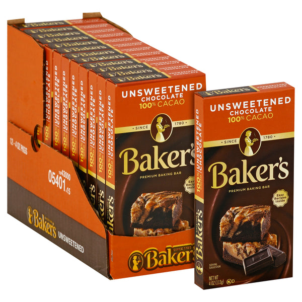 Baker's Bakers Chocolate Unsweetened, 4 Ounce Size - 12 Per Case.
