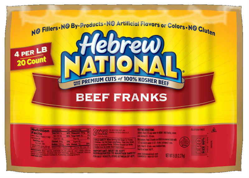 Hebrew National Kosher Beef Franks 6" 5 Pound Each - 4 Per Case.