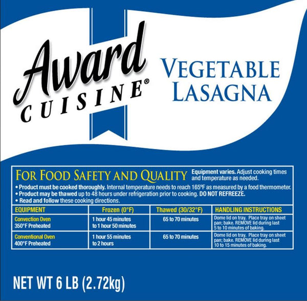 Award Cuisine Vegetable Lasagna 96 Ounce Size - 4 Per Case.