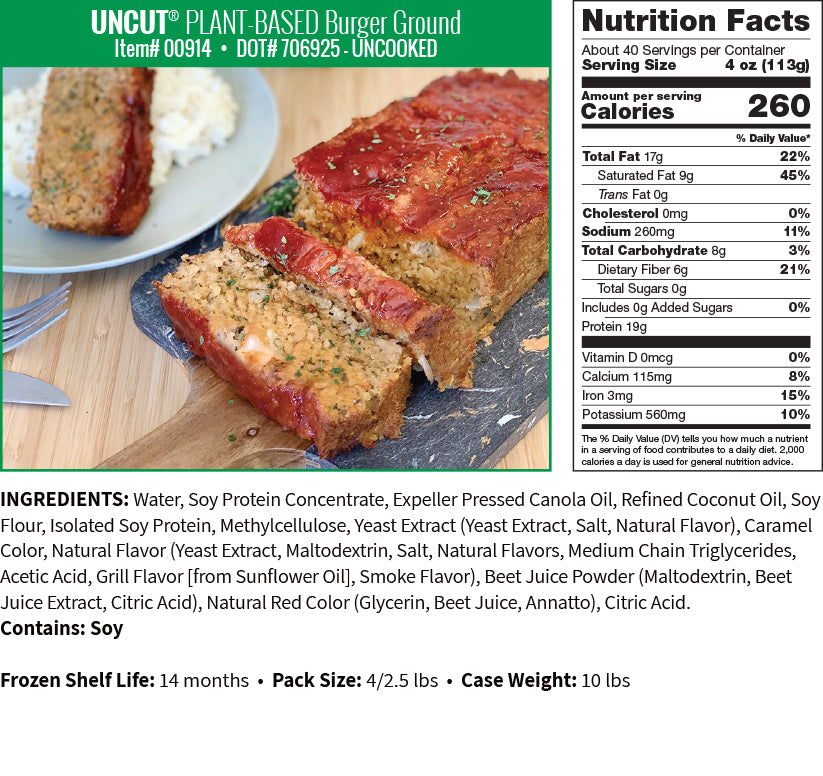 Uncut Plant Based Burger Bulk Ground Uncooked 2.5 Pound Each - 4 Per Case.