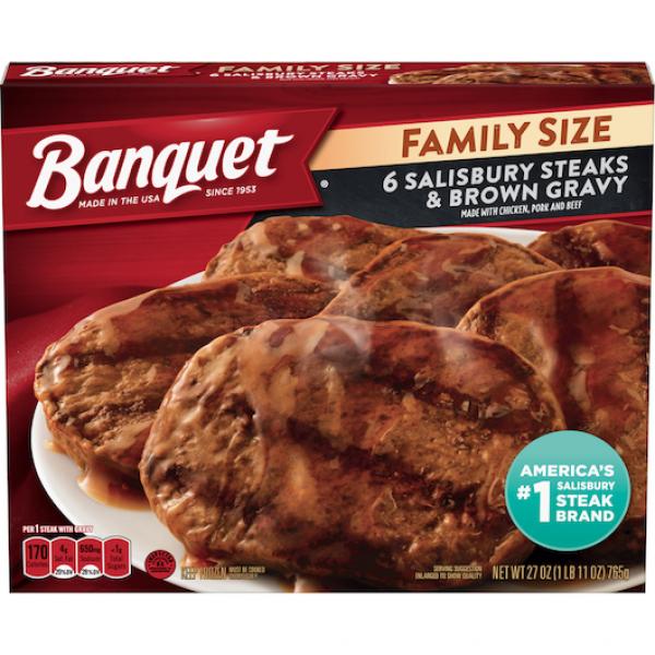 Banquet Family Size Salisbury Steaks And Brown Gravy 27 Ounce Size - 6 Per Case.