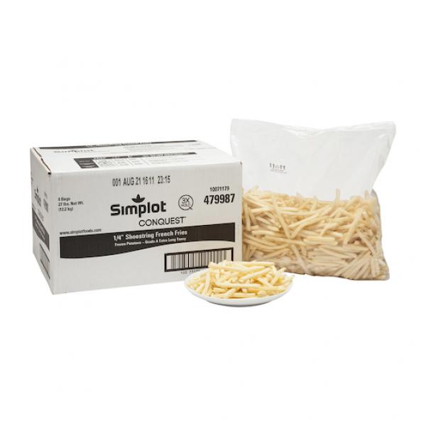 Simplot Conquest 4" Clear Coated Shoestringfries 4.5 Pound Each - 6 Per Case.