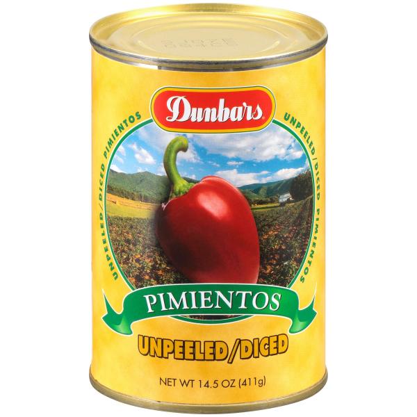 Diced Unpeeled Pimiento Dunbar Label 14.4 Ounce Size - 24 Per Case.