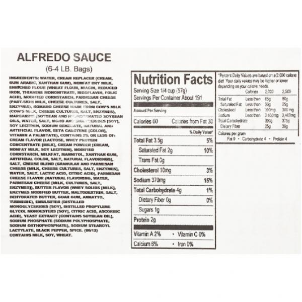 QUALITY CHEF Alfredo Sauce 4 lb. Frozen Bag 6 Per Case