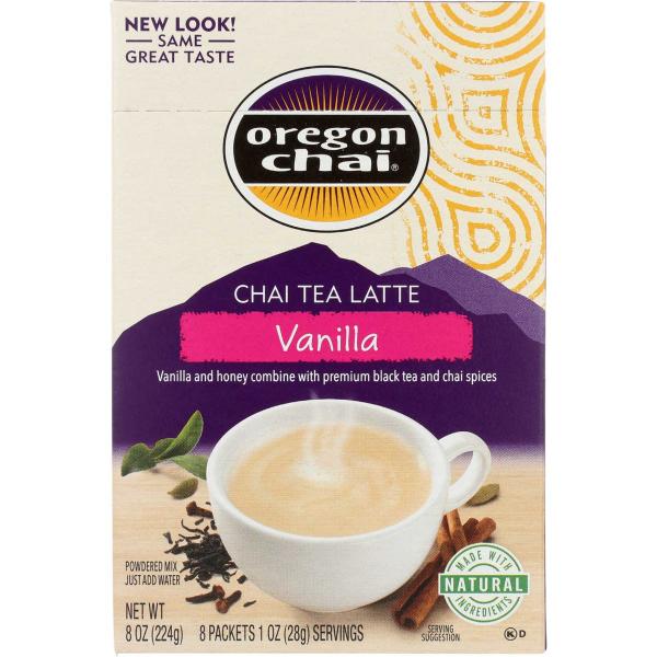 Oregon Chai Vanilla Tea Latte Mix 8 Count Packs - 6 Per Case.