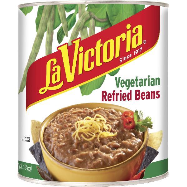 La Victoria Vegetarian Refried Beans 112 Ounce Size - 6 Per Case.