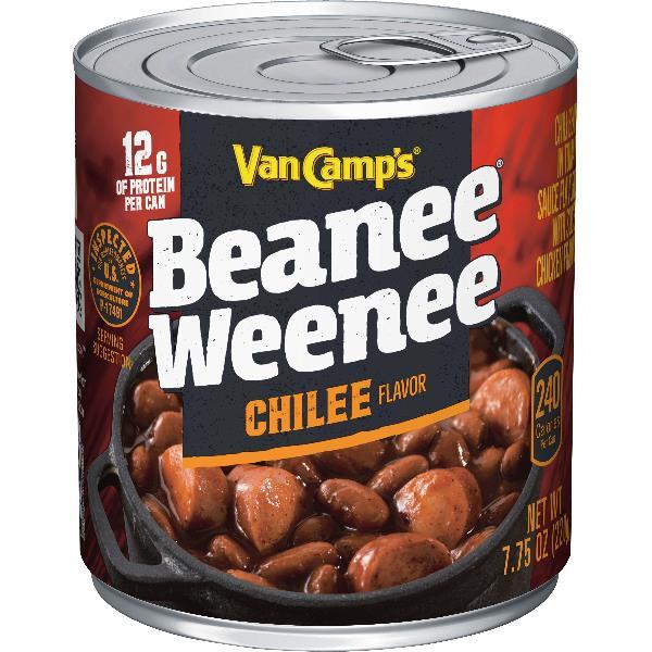 Van Camp's Chilee Flavor Beanee Weenee Chilibeans & Hot Dogs 7.75 Ounce Size - 24 Per Case.