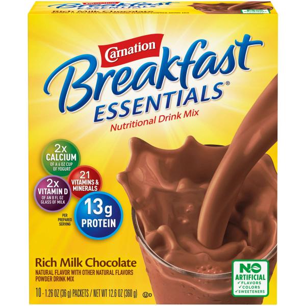Carnation Breakfast Essentials Powder Nutritional Breakfast Drink Mix Rich Milk Chocolate 12.6 Ounce Size - 6 Per Case.