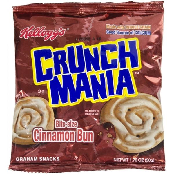 Kellogg's Crunchmania Bite Sized Cinnamon Bun Graham Snacks 1.76 Ounce Size - 100 Per Case.