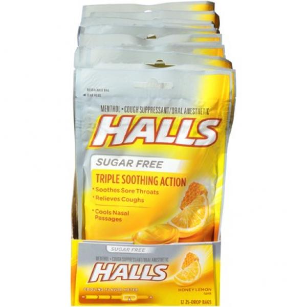 Halls Mentho Lyptus Cough Drops Honey Lemon Sugar Free Piece 25 Count Packs - 48 Per Case.