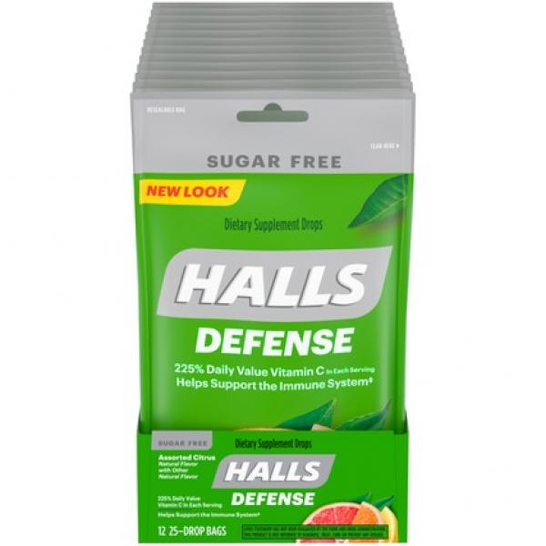 Halls Defense Cough Drops Assorted Citrus Sugar Free Bag Piece 25 Count Packs - 48 Per Case.