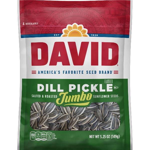 David Roasted And Salted Dill Pickle Jumbo Sunflower Seeds Pack 5.25 Ounce Size - 12 Per Case.