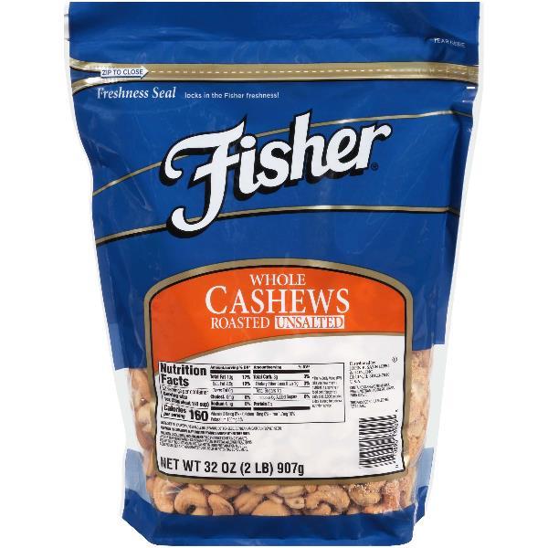 Fisher Roasted Whole Cashews No Salt 32 Ounce Size - 3 Per Case.