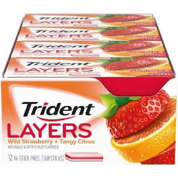 Trident Layers Gum Wild Strawberry Tangy Citrus Sugar Free Piece 14 Count Packs - 144 Per Case.