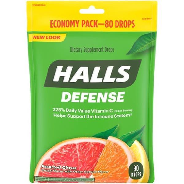 Halls Defense Cough Drops Assorted Citrus Piece 80 Count Packs - 12 Per Case.