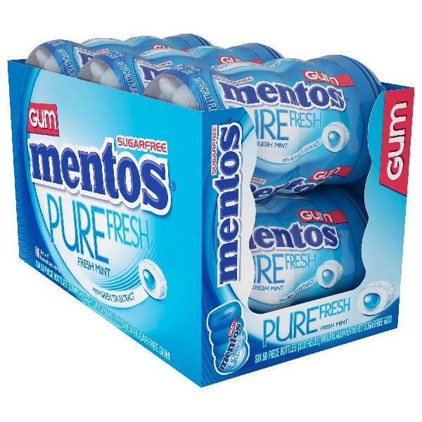 Mentos Pure Fresh Sugar Free Chewing Gum Withxylitol Fresh Mint Piece Bottle (50 Piece - 36 Per Case.