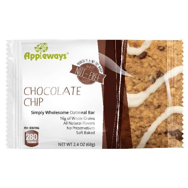Appleways Whole Grain Soft Oatmeal Chocolate Chip Bars Individually Wrapped 1 Count Packs - 160 Per Case.