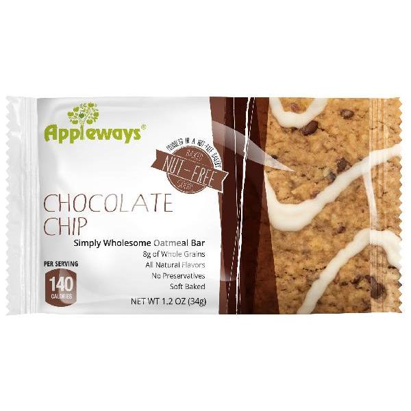 Appleways Whole Grain Soft Oatmeal Chocolate Chip Bars Individually Wrapped 1 Count Packs - 216 Per Case.