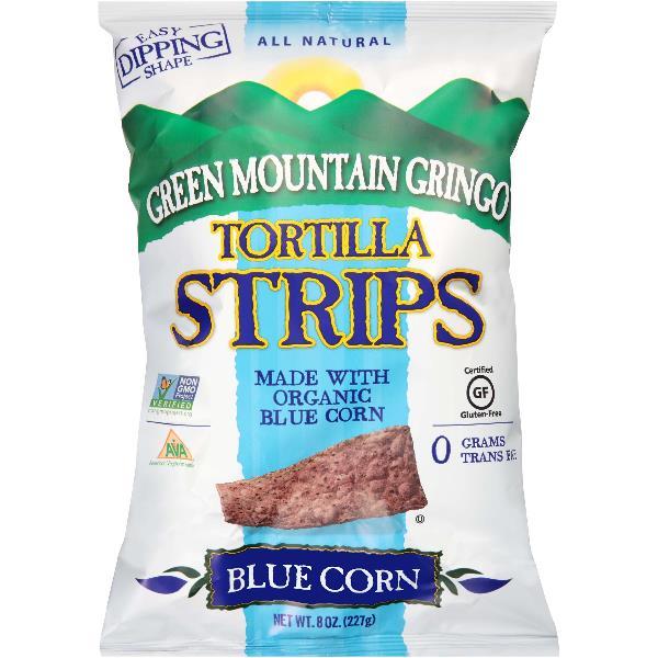 Green Mountain Gringo Organic Blue Tortilla Strips 0.5 Pound Each - 12 Per Case.