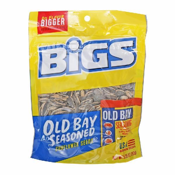 Bigs Old Bay Seasoned Sunflower Seeds Keto Friendly Snack Bag 5.35 Ounce Size - 12 Per Case.