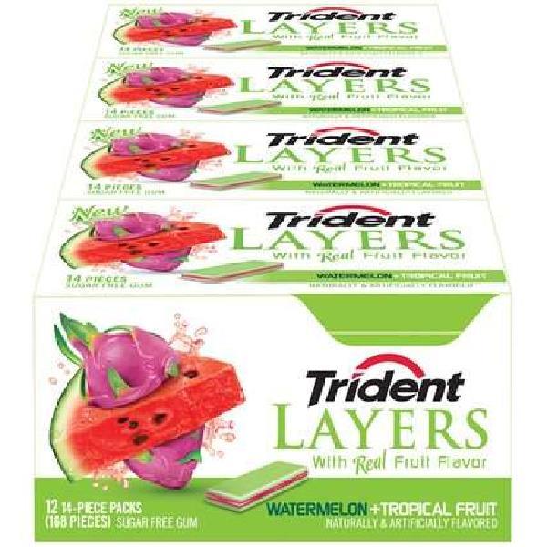 Trident Layers Gum Watermelon And Tropical Fruit Piece 14 Count Packs - 144 Per Case.