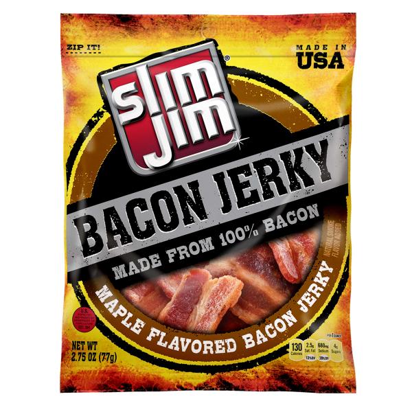 Slim Jim Bacon Jerky Maple Flavor Bag 2.75 Ounce Size - 8 Per Case.