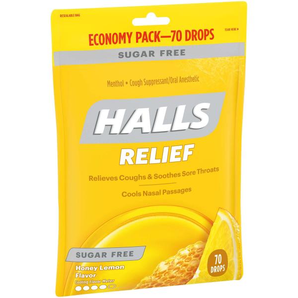 Halls Cough Drops Honey Lemon Sugar Free Piece 70 Count Packs - 12 Per Case.