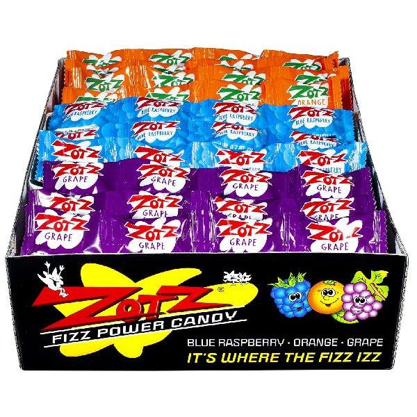 Zotz Fizz Power Candy Strings Blue Raspberry Orange Grape 0.7 Ounce Size - 576 Per Case.