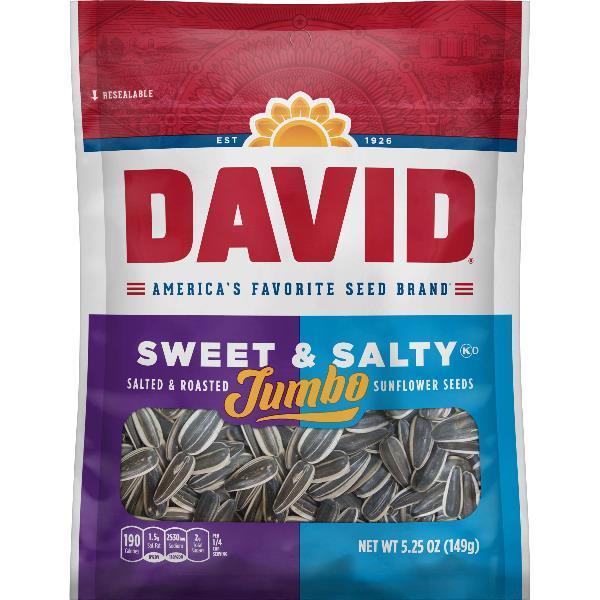 David Roasted And Salted Sweet And Salty Jumbo Sunflower Seeds Pack 5.25 Ounce Size - 12 Per Case.