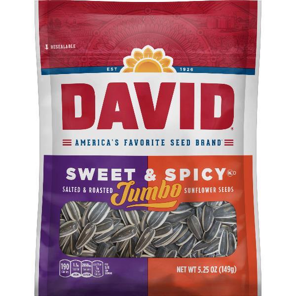 David Roasted And Salted Sweet And Spicy Jumbo Sunflower Seeds Pack 5.25 Ounce Size - 12 Per Case.