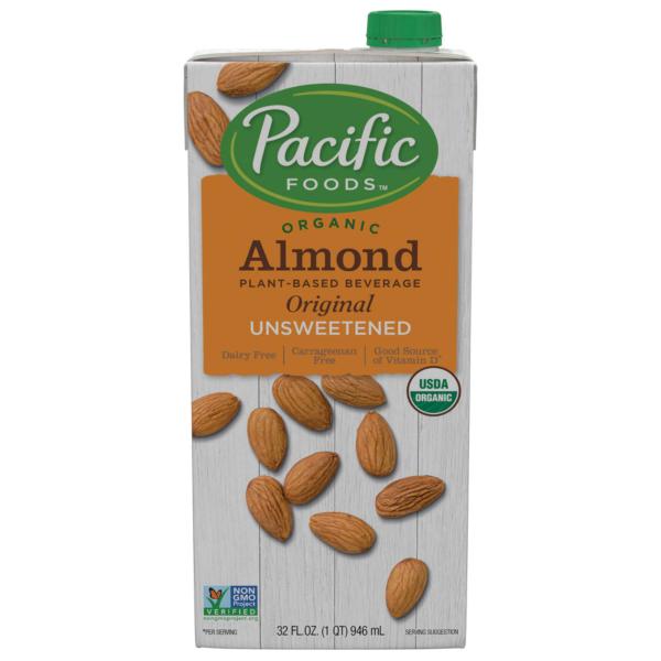 Pacific Foods Organic Unsweetened Almond Original Plant Based Beverage 32 Fluid Ounce - 12 Per Case.