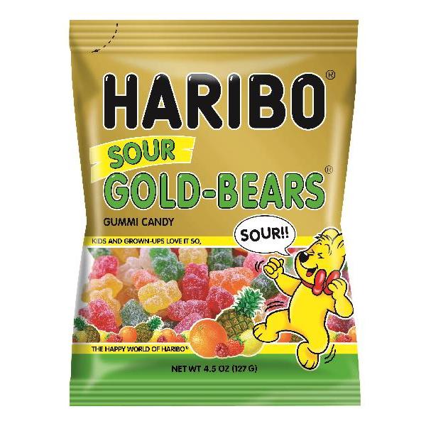 Haribo Confectionery Sour Gold Bears 4.5 Ounce Size - 12 Per Case.