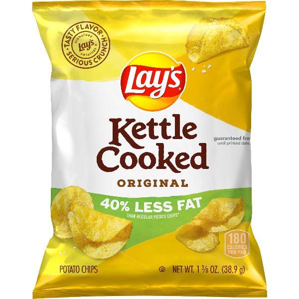 Lays Kettle Cooked Original Less Fat Potato Chips Plastic Bag 1.375 Ounce Size - 64 Per Case.