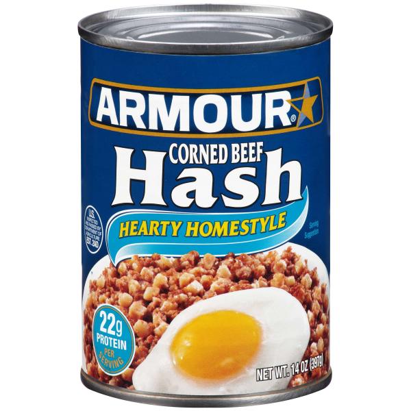 Armour Star Corned Beef Hash Hearty Homestyle Canned Food Cans 14 Ounce Size - 12 Per Case.