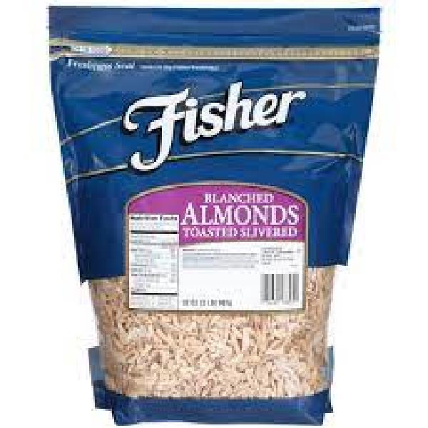 Fisher Toasted Blanched Slivered Almonds No Salt 32 Ounce Size - 3 Per Case.