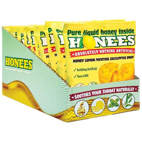 Honees Honeylemon Cough Drop Bags Display 20 Count Packs - 12 Per Case.