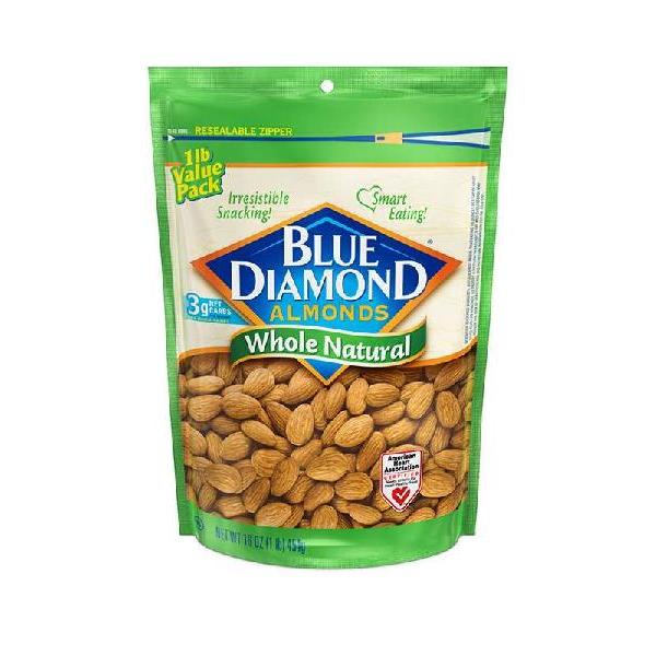 Blue Diamond Almonds Whole Natural Bag 16 Ounce Size - 6 Per Case.