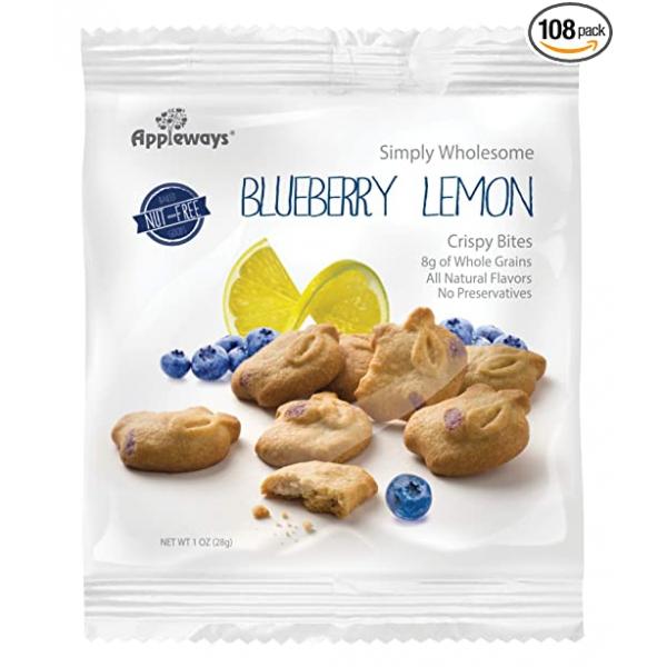 Appleways Whole Grain Blueberry Lemoncrispy Bites Individually Wrapped 1 Count Packs - 108 Per Case.