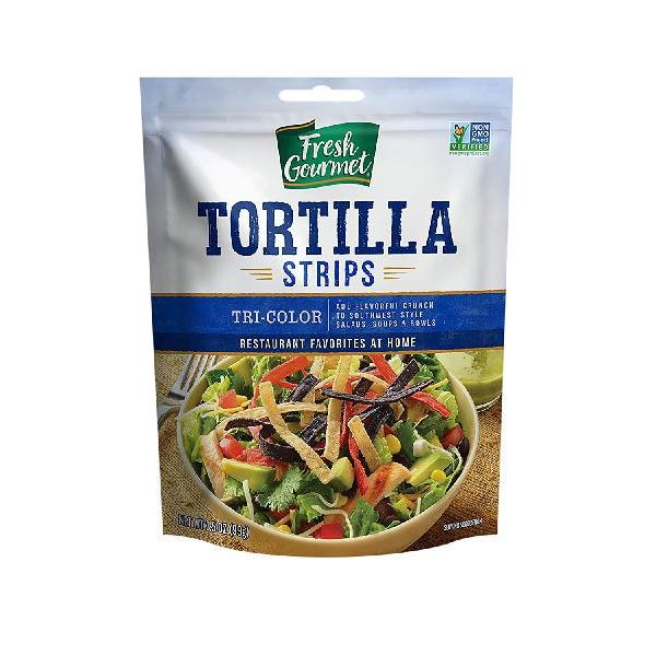 Fresh Gourmet Tortilla Strips Tri-Color 0.5 Ounce Size - 100 Per Case.