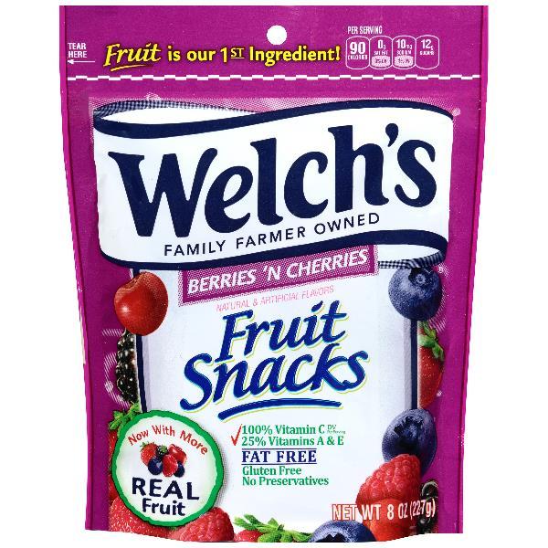 Welch's Fruit Snacks Berries & Cherries Resealable 8 Ounce Size - 9 Per Case.