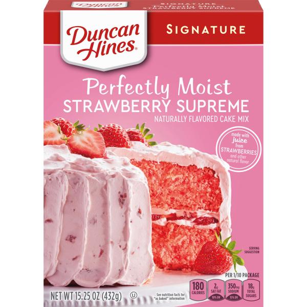 Duncan Hines Signature Perfectly Moist Strawberry Supreme Naturally Flavored Cake Mix 15.25 Ounce Size - 12 Per Case.