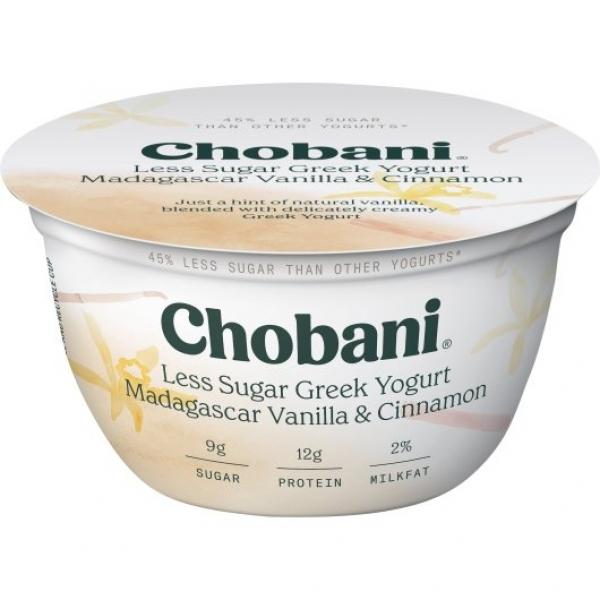 Chobani® Less Sugar Low Fat Greek Yogurt Madagascar Vanilla Cinnamon 5.3 Ounce Size - 12 Per Case.