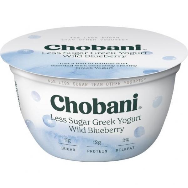 Chobani® Less Sugar Low Fat Greek Yogurt Wild Blueberry 5.3 Ounce Size - 12 Per Case.